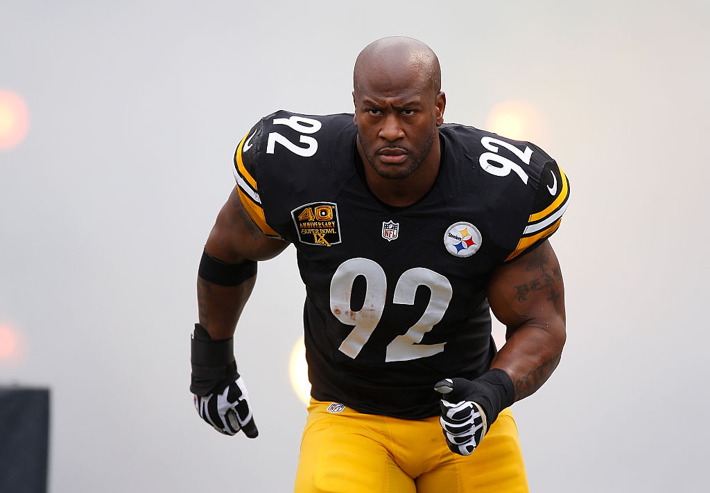 James Harrison #92 of the Pittsburgh Steelers is introduced prior to the game against the New Orleans Saints at Heinz Field