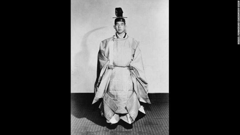 Crown Prince Akihito in ceremonial robes for his formal investiture as crown prince at the Tokyo Imperial Palace