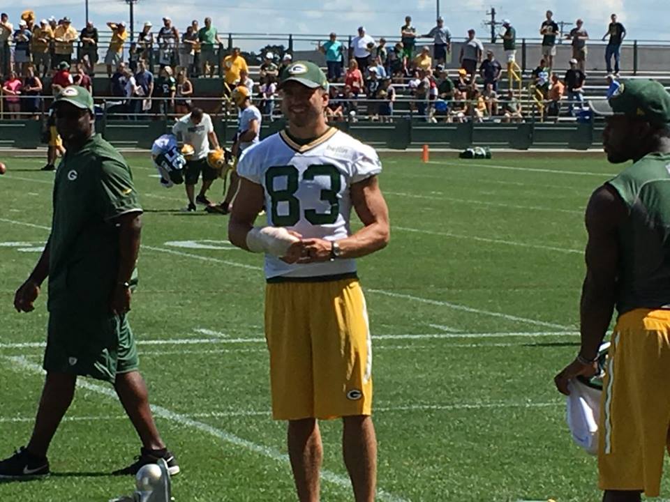 Jeff Janis watches practice Sunday with a wrap on his broken hand