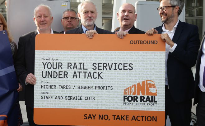 Labour leader Jeremy Corbyn joins a protest by the RMT at London Bridge Station