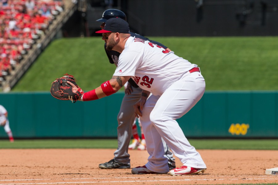 07 AUGUST 2016 St. Louis Cardinals first baseman Matt Adams as seen on first bast at Bush Stadium in St. Louis MO