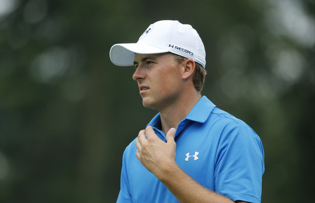 Jordan Spieth watches his approach shot on the fifth hole during the second round of the PGA Championship golf tour