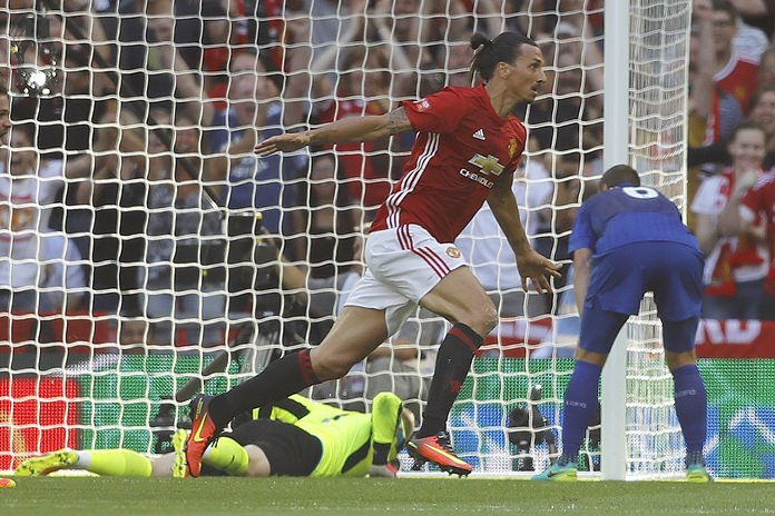 Manchester United's Zlatan Ibrahimovic center celebrates after scoring during the Community Shield match against Leicester City at Wembley stadium in London Sunday Aug. 7