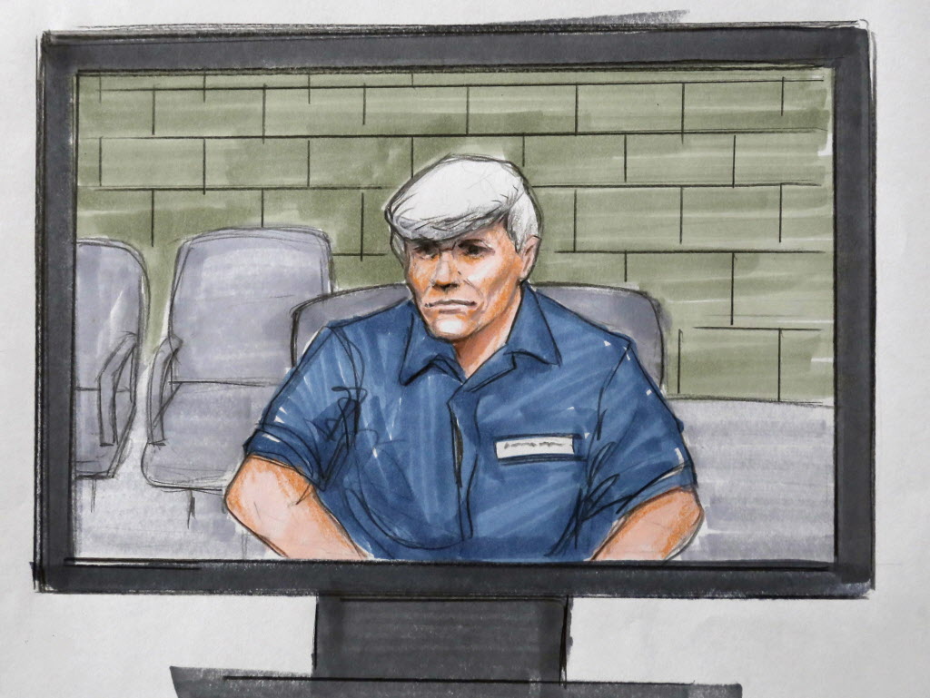 In this Tuesday Aug. 9 2016 courtroom sketch former Illinois Gov. Rod Blagojevich right appears via video from a Colorado prison during his re-sentencing in a federal courtroom in Chicago