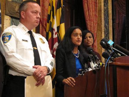 Vanita Gupta head of the Justice Department's Civil Rights Division discusses the department's findings on the investigation into the Baltimore City Police Department as Police Commissioner Kevin Davis left and Mayor Stephanie Rawlings-Blake right