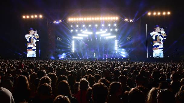 Justin Bieber performs on the Virgin Media Stage during the V Festival at Hylands Park in Chelmsford Essex