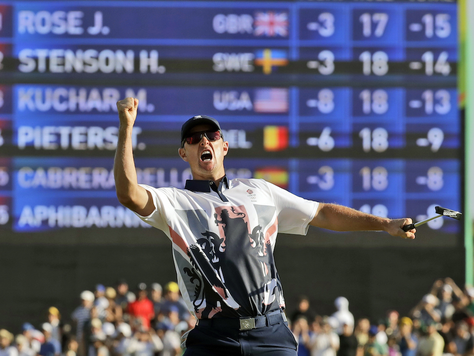 Justin Rose of Great Britain wins the gold medal during the final round of the men's golf event at the 2016 Summer Olympics in Rio de Janeiro Brazil Sunday Aug. 14 2016