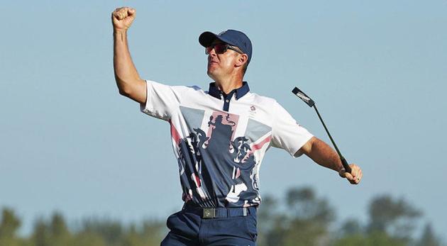 CENTURY-OLD HONOUR:Justin Rose of the Great Britain exults after victory is sealed at the end of the final round that gave him the first golf gold medal in 112 years