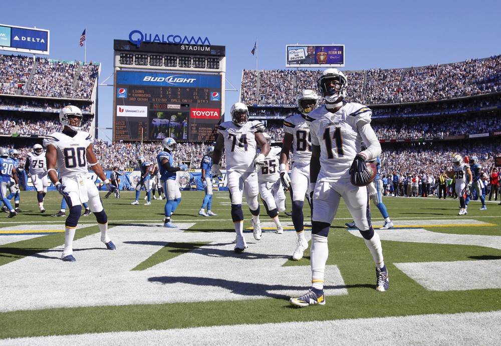 Sept. 13 2015- San Diego CA USA- San Diego Chargers wide receiver Stevie Johnson celebrates a third-quarter touchdown against the Detroit Lions at Qualcomm Stadium in San Diego on Sunday Sept. 13 2015. The Chargers won 33-28