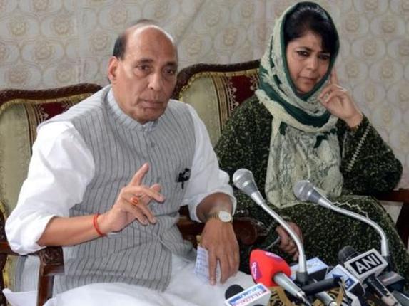 Union Home Minister Rajnath Singh and Jammu and Kashmir Chief Minister Mehbooba Mufti address a press conference in Srinagar on Thursday