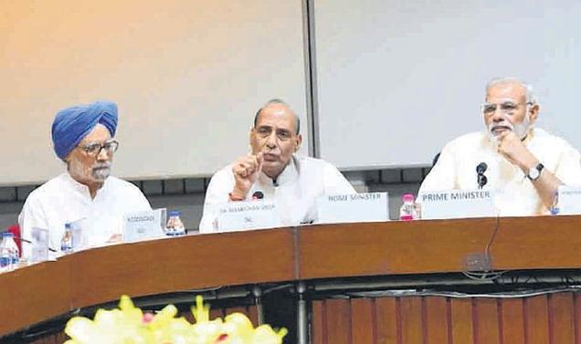 Prime Minister Narendra Modi with Home Minister Rajnath Singh former PM Manmohan Singh at an all-party meet on Kashmir in New Delhi on Friday PTI