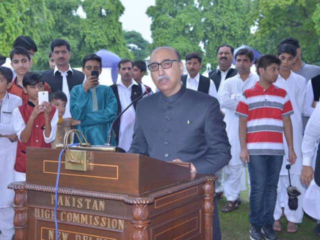 Pakistan's High Commissioner to India Abdul Basit addressing a ceremony held at the Pakistan High Commission in New Delhi to commemorate the 70th Independence Day of Pakistan on Sunday