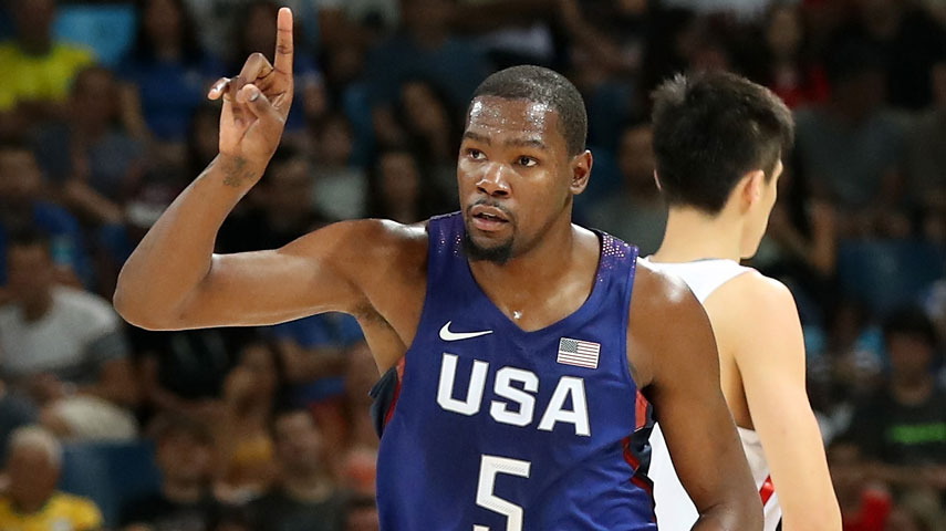 RIO DE JANEIRO BRAZIL- AUGUST 06 Kevin Durant #5 of United States celebrates a basket against China on Day 1 of the Rio 2016 Olympic Games at Carioca Arena 1