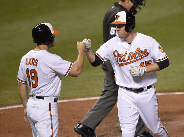 Baltimore Orioles Mark Trumbo right celebrates his two-run home run with Chris Davis during the fourth inning of a baseball game against the Washingt