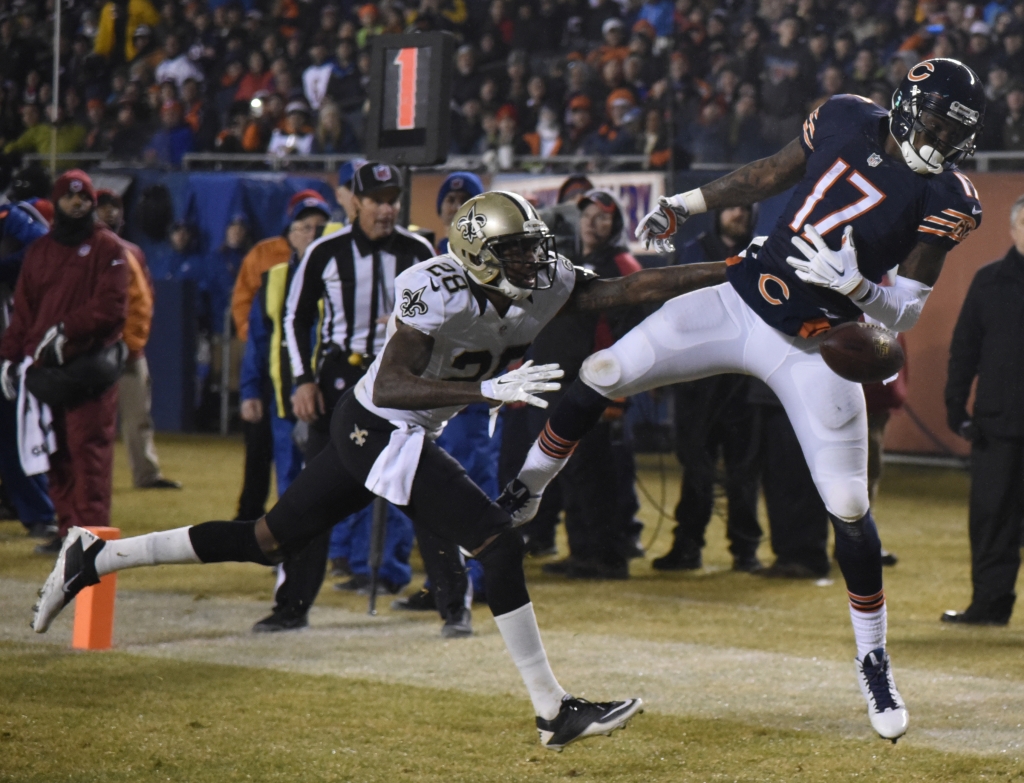 CHICAGO IL- DECEMBER 15 Alshon Jeffery #17 of the Chicago Bears tries to make a catch as he's defended by Keenan Lewis #28 of the New Orleans Saints during the fourth quarter