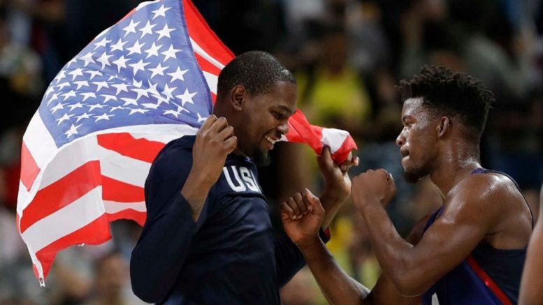 Kevin Durant and Jimmy Butler celebrates the United States&#039 win over Serbia