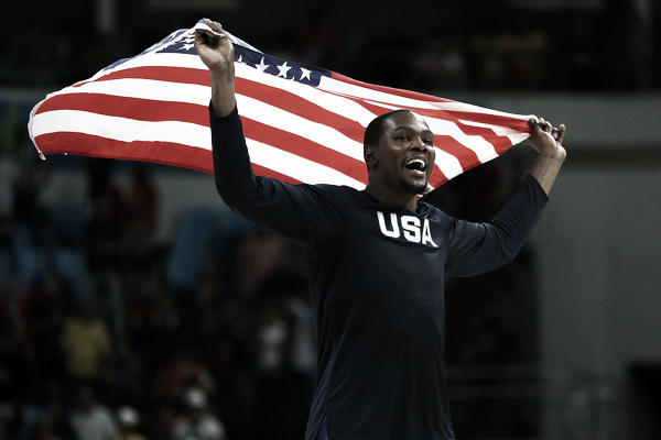 Kevin Durant celebrates after USA defeated Serbia in men's basketball by a final score of 96-66