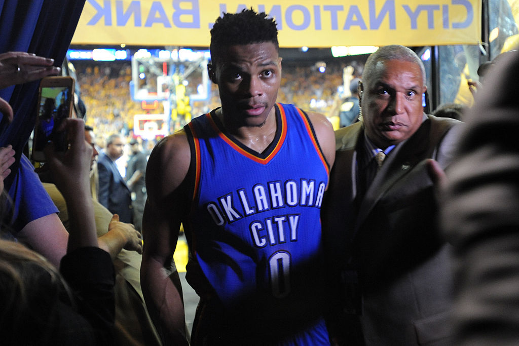 Russell Westbrook #0 of the Oklahoma City Thunder walks off the court after being defeated 96-88 by the Golden State Warriors in Game Seven of the Western Conference Finals during the 2016 NBA Playoffs at ORACLE Arena