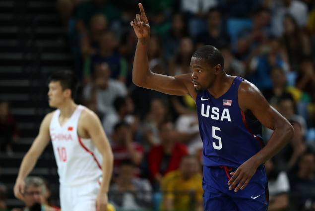 Kevin Durant reacts after hitting a three-point shot against China on Saturday in Rio de Janeiro. | Elsa  Getty Images