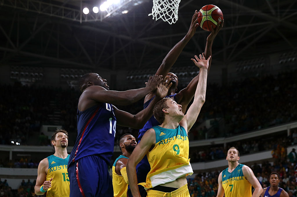 Kevin Durant shoots over Australia's Ryan Broekhoff