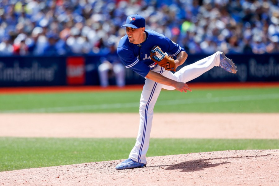 Toronto Blue Jays Pitcher Aaron Sanchez delivers a pitch against the Baltimore Orioles in the fifth inning at Rogers Centre in Toronto ON Canada