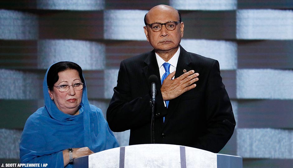 Khizr Khan father of fallen US Army Capt. Humayun S. M. Khan and his wife Ghazala speak during the final day of the Democratic National Convention in Philadelphia, Thursday