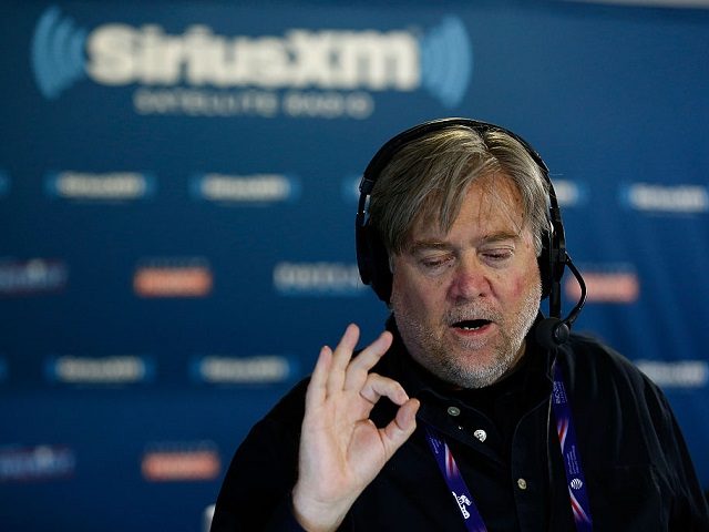 CLEVELAND OH- JULY 20 Stephen K. Bannon talks with Peter Schweizer author of'Clinton Cash while hosting Brietbart News Daily on SiriusXM Patriot at Quicken Loans Arena