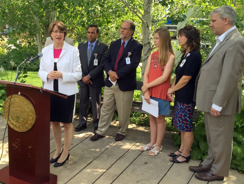 U.S. Sen. Amy Klobuchar speaks about price hikes for EpiPens the emergency drug injectors for severe allergic reactions at Children's Hospital on Wednesday Aug. 24 2016 in Minneapolis. Klobuchar a Minnesota Democrat who has worked to contain prescri