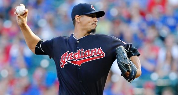 ARLINGTON TX- AUGUST 27 Starting pitcher Carlos Carrasco #59 of the Cleveland Indians throws during the first inning of a baseball game against the Texas Rangers at Globe Life Park