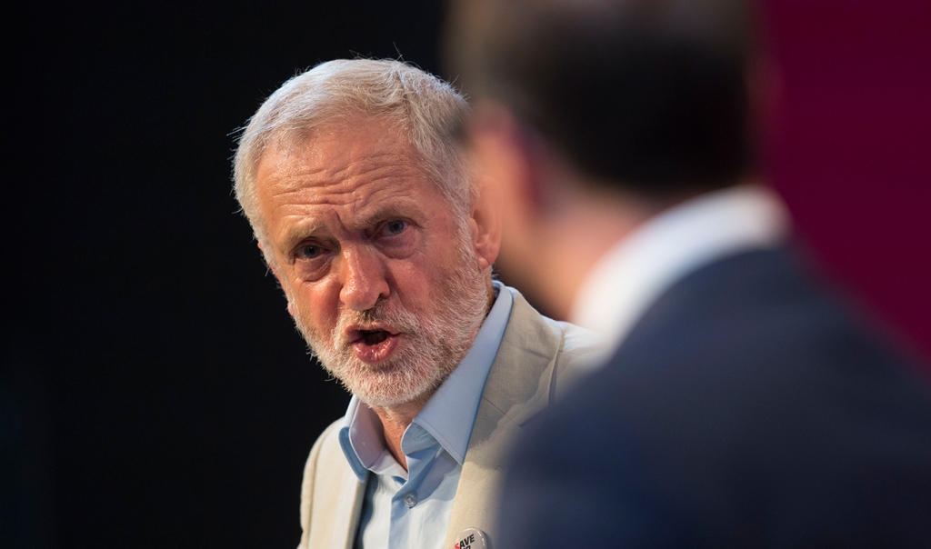 Labour leader Jeremy Corbyn during hustings against challenger Owen Smith