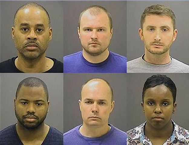 Baltimore police officers charged in the death of Freddie Gray. Top row left to right Caesar R. Goodson Jr. Garrett E. Miller and Edward M. Nero. Bottom row left to right William G. Porter Brian W. Rice and Alicia D. White