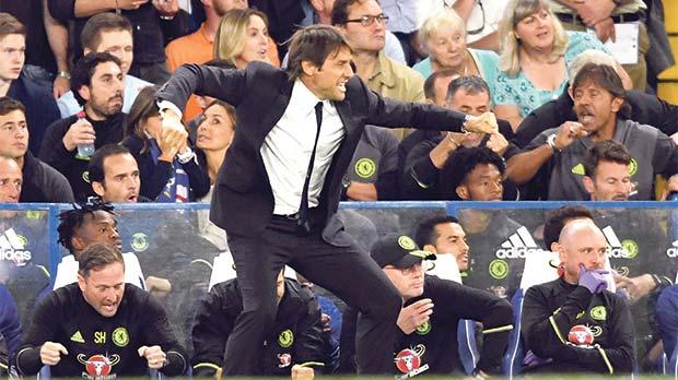 Chelsea manager Antonio Conte reacts on the sidelines after his team’s win over West Ham United