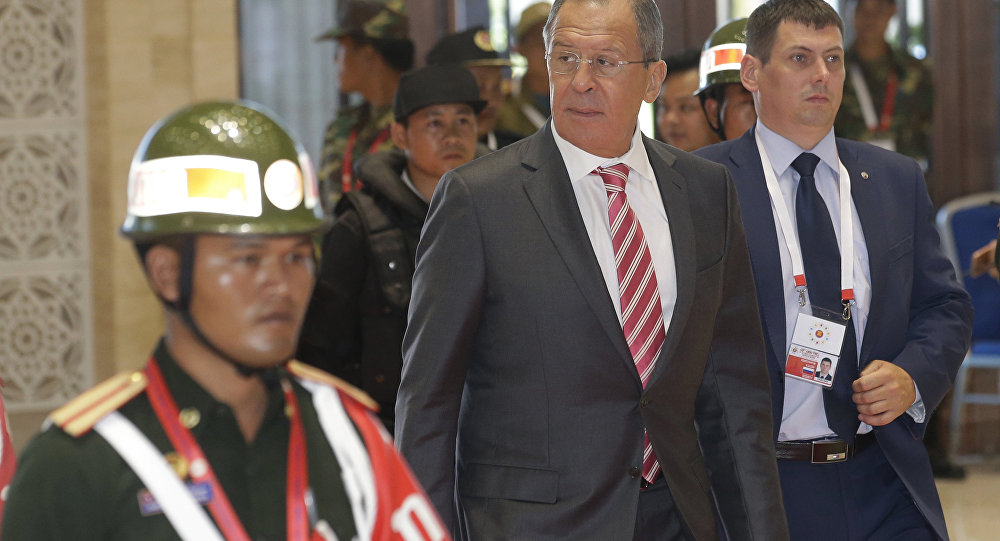 Russian Foreign Minister Sergey Lavrov arrives for the Association of Southeast Asian Nations Foreign Ministers Meeting in Vientiane Laos Monday