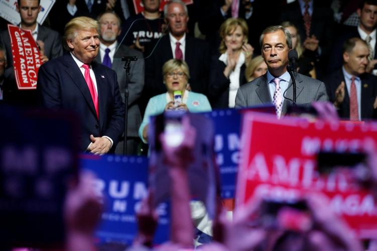 Donald Trump smiled as Nigel Farage blasted his political rival and lauded the Republican tycoon's flailing presidential campaign