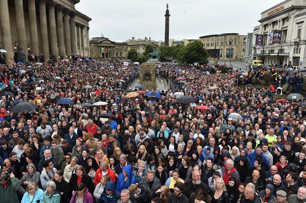 Leader of the Labour party Jeremy Corbyn at a Rally at St Georges Hall Liverpool which attracted huge crowds