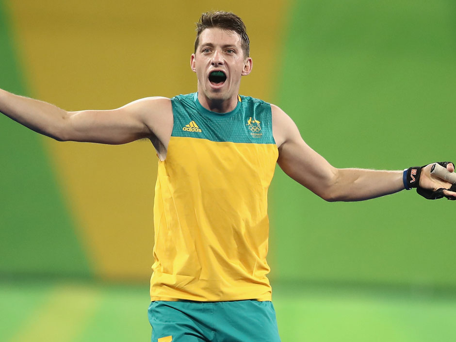 Simon Orchard of Australia appeals to the umpire during the men's pool A match