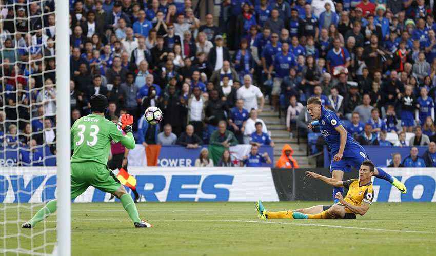 Leicester City striker Jamie Vardy forced an opening in the second half for the champions