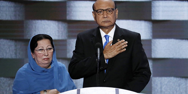 Khizr Khan father of fallen US Army Capt. Humayun S. M. Khan and his wife Ghazala speak during the final day of the Democratic National Convention in Philadelphia. Republican presidential nominee Donald Trump