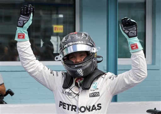 Mercedes driver Nico Rosberg of Germany celebrates after the Formula One qualifying in Hockenheim Germany Saturday