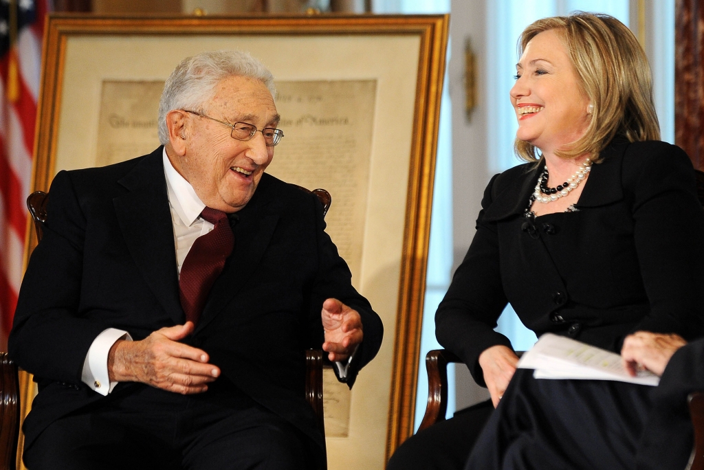 US Secretary of State Hillary Clinton and former US Secretary of State Henry Kissinger participate in'Conversations on Diplomacy Moderated by Charlie Rose,? at the Department of State in Washington DC