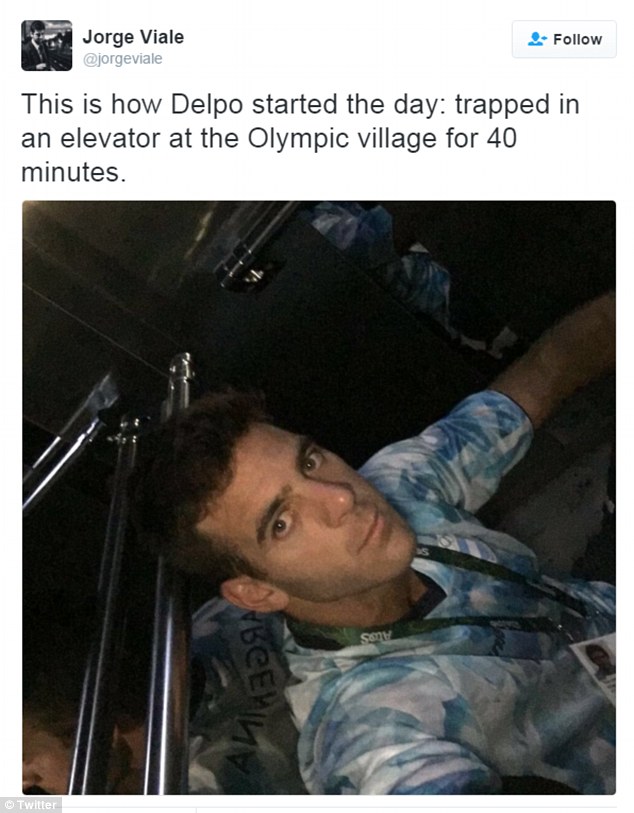 Lift me up Juan Martin del Potro's agent Jorge Viale tweeted this pic of the unhappy tennis star trapped in a broken elevator at Rio's Olympic village