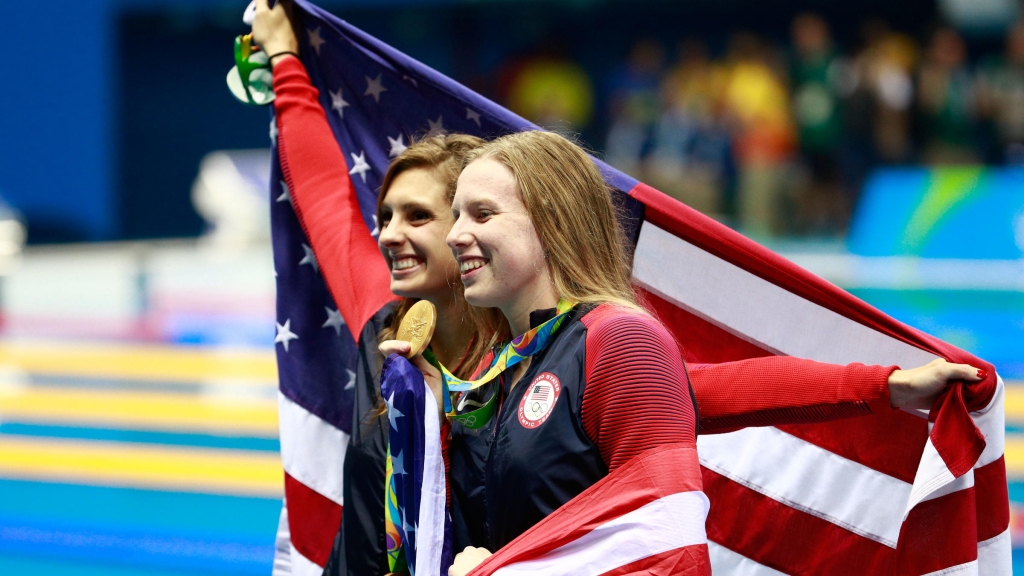 Gold medal winner Lilly King right seen here celebrating with her U.S. teammate and bronze medalist Katie Meili won the 100m breaststroke over her rival Russia's Yuliya Efimova