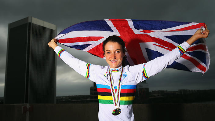 Lizzie Armitstead celebrating her win at the road World Championships in 2015