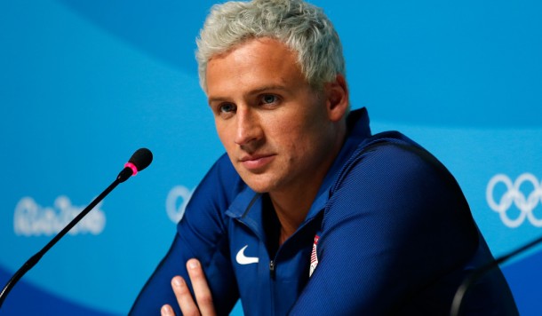 Ryan Lochte of the United States attends a press conference in the Main Press Centre on Day 7 of the Rio Olympics