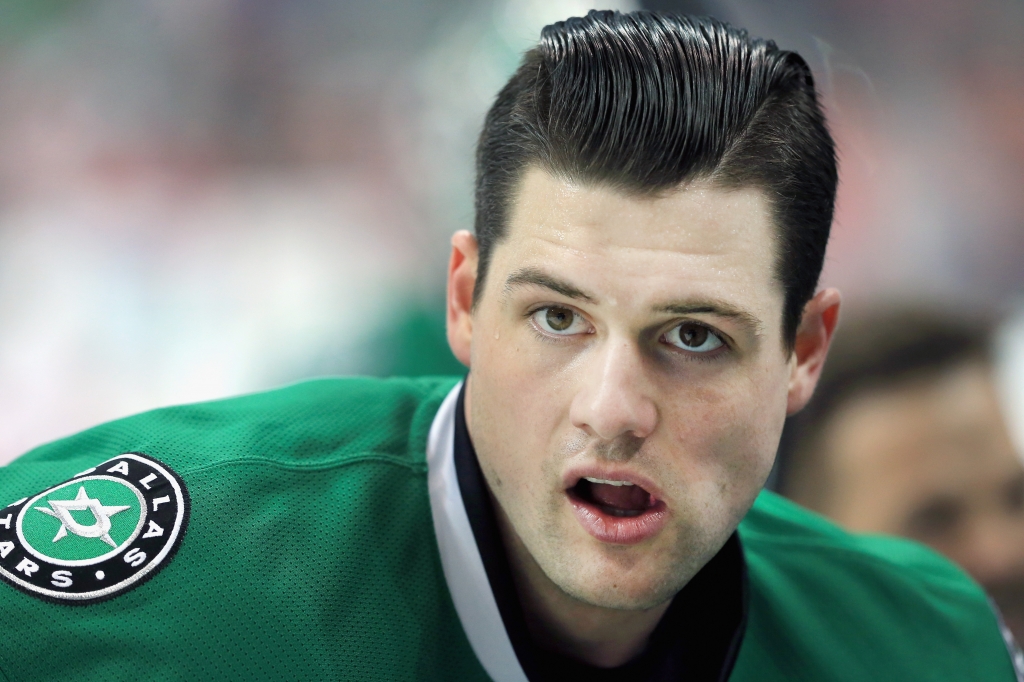 DALLAS TX- FEBRUARY 29 Jamie Benn #14 of the Dallas Stars stretches during pregame warmup before taking on the Detroit Red Wings at American Airlines Center