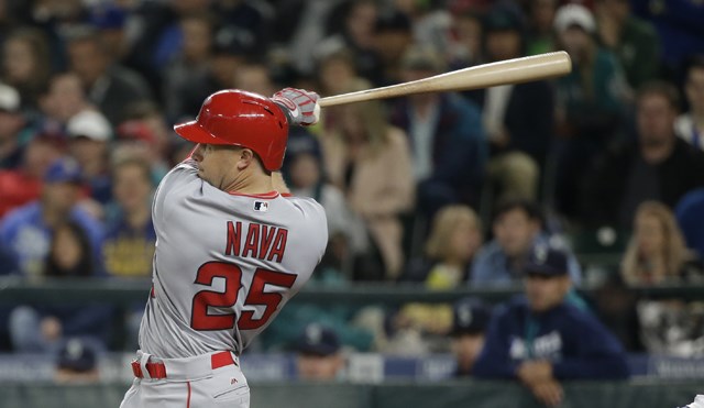 Los Angeles Angels Daniel Nava in action against the Seattle Mariners in a baseball game Saturday