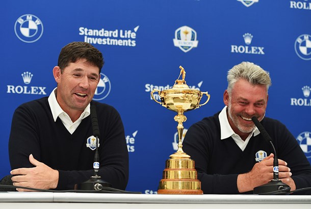 Europe Ryder Cup Captain Darren Clarke laughs with one of his vice-captains Padraig Harrington during a press conference