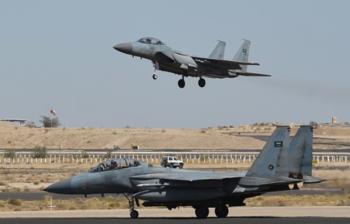 AFP  File  Fayez Nureldine Fayez Nureldine. A Saudi F-15 fighter jet lands at the Khamis Mushayt military airbase