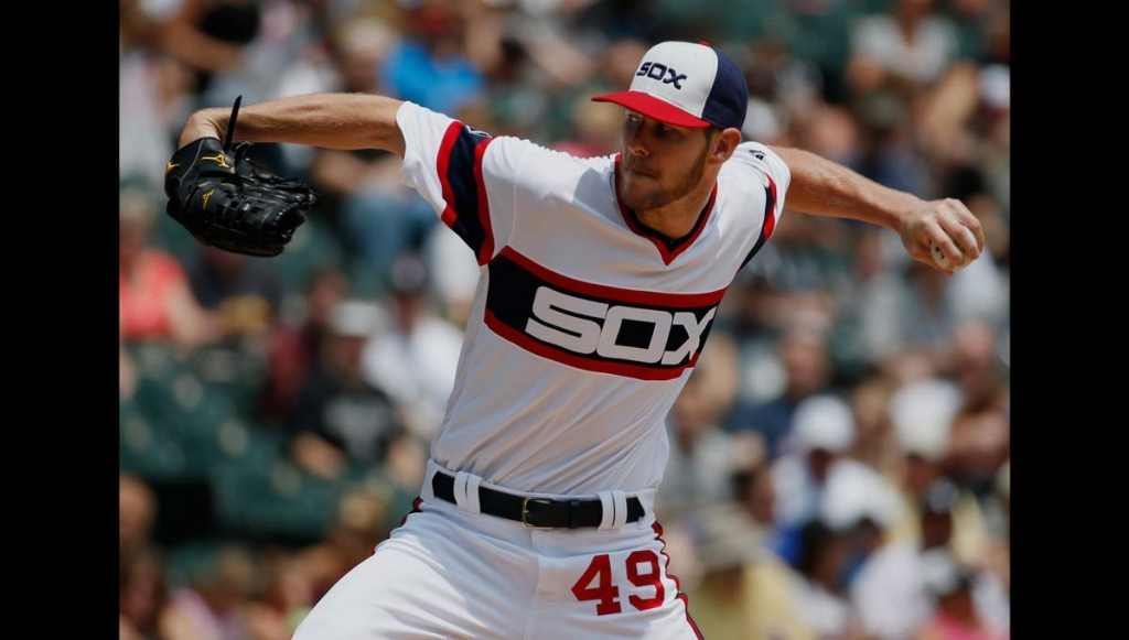 Chicago White Sox starter Chris Sale throws against the Toronto Blue Jays during a baseball game in Chicago