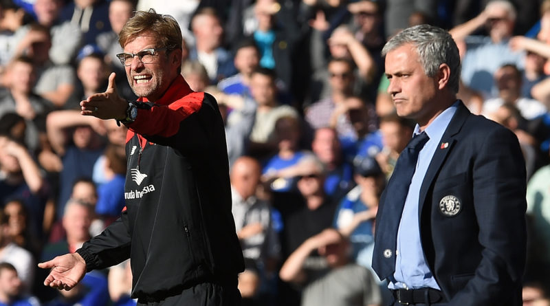 LONDON ENGLAND- OCTOBER 31  Jurgen Klopp manager of Liverpool and Jose Mourinho manager of Chelsea during the Barclays Premier League match between Chelsea and Liverpool at Stamford Bridge